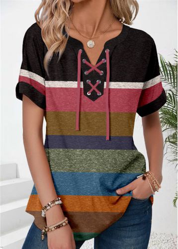 Multi Color Patchwork Short Sleeve Split Neck T Shirt - unsigned - Modalova