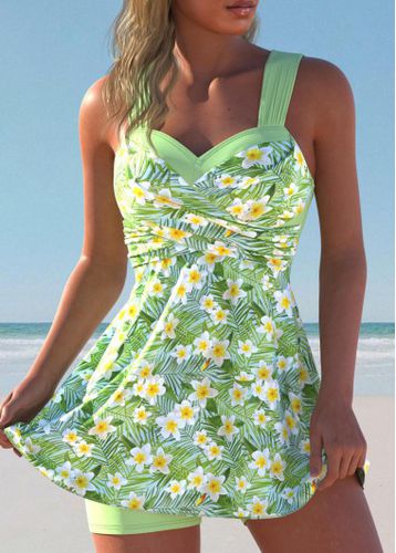 Surplice Floral Print Light Green Swimdress and Shorts - unsigned - Modalova