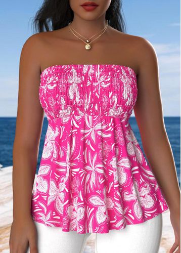 Hot Pink Smocked Floral Print Sleeveless Bandeau Tank Top - unsigned - Modalova