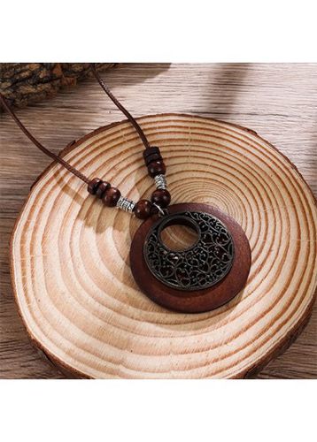 Dark Coffee Round Wood Detail Necklace - unsigned - Modalova