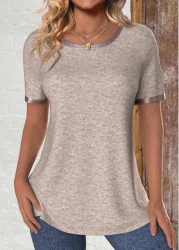 Light Coffee Patchwork Short Sleeve Round Neck T Shirt - unsigned - Modalova