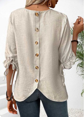 Beige Button Half Sleeve Round Neck Shirt - unsigned - Modalova