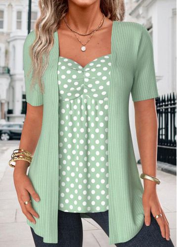 Green Polka Dot Short Sleeve Fake Two Piece Twinset - unsigned - Modalova