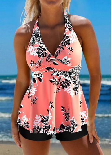 Criss Cross Floral Print Coral Tankini Top - unsigned - Modalova