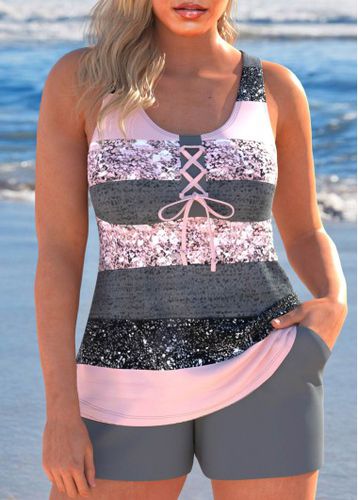 Lace Up Multi Stripe Print Grey Tankini Set - unsigned - Modalova