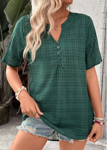 Blackish Green Button Plaid Short Sleeve Split Neck Shirt - unsigned - Modalova