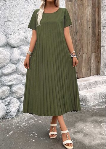 Olive Green Pleated A Line Short Sleeve Dress - unsigned - Modalova