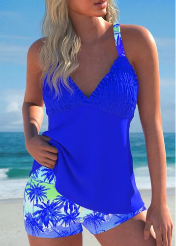 Smocked Tropical Plants Print Royal Blue Tankini Set - unsigned - Modalova