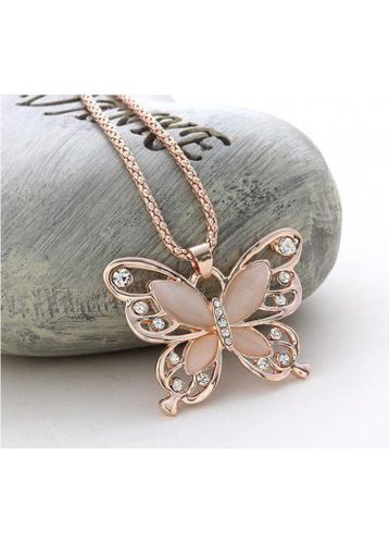 Dusty Pink Alloy Butterfly Design Necklace - unsigned - Modalova