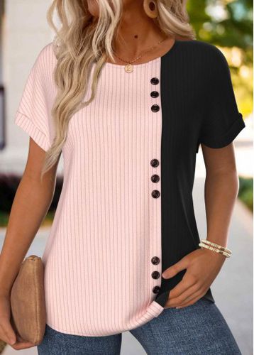 Light Pink Button Short Sleeve Round Neck T Shirt - unsigned - Modalova