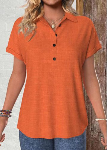 Terracotta Button Short Sleeve Shirt Collar Blouse - unsigned - Modalova