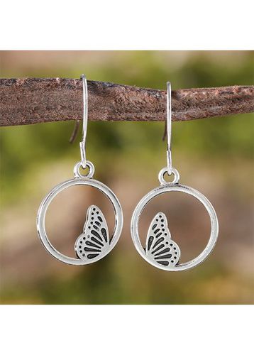 Silver Round Alloy Butterfly Hollow Earrings - unsigned - Modalova