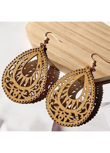 Dark Camel Wood Hollow Waterdrop Earrings - unsigned - Modalova