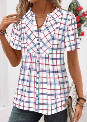 Blue Patchwork Plaid Short Sleeve Split Neck Shirt - unsigned - Modalova