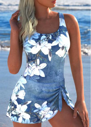 Tie Floral Print Denim Blue One Piece Swimdress - unsigned - Modalova