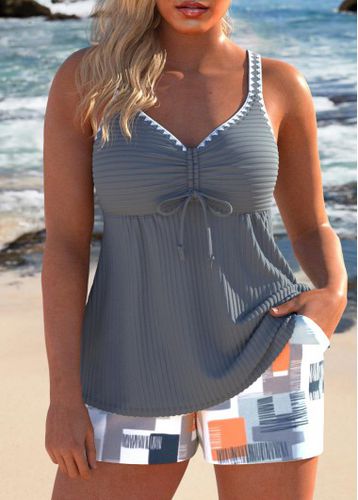 Bowknot Geometric Print Grey Tankini Set - unsigned - Modalova