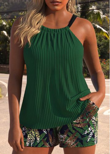 Criss Cross Tropical Plants Print Green Tankini Set - unsigned - Modalova