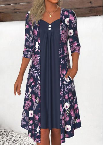 Navy Fake 2in1 Floral Print A Line Dress - unsigned - Modalova