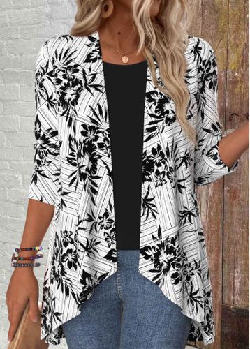 Black Floral Print 3/4 Sleeve Light Cardigan - unsigned - Modalova