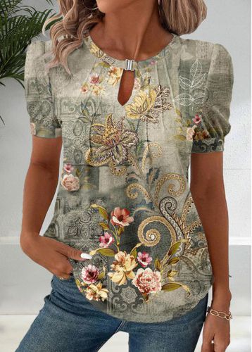 Sage Green Patchwork Floral Print Short Sleeve T Shirt - unsigned - Modalova