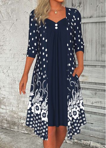 Navy Button Floral Print A Line 3/4 Sleeve Dress - unsigned - Modalova