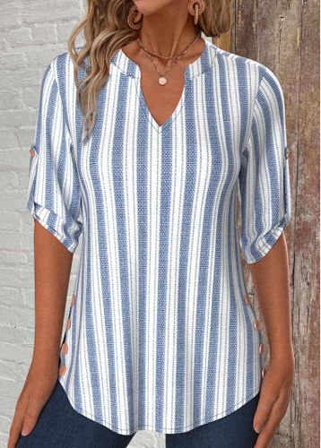 White Button Striped 3/4 Sleeve Split Neck Shirt - unsigned - Modalova