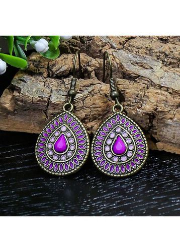 Purple Teardrop Retro Metal Detail Earrings - unsigned - Modalova