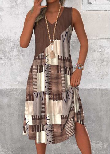 Gray Brown Patchwork Geometric Print A Line Sleeveless Dress - unsigned - Modalova