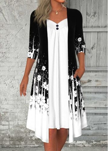 Black Fake 2in1 Floral Print A Line Dress - unsigned - Modalova