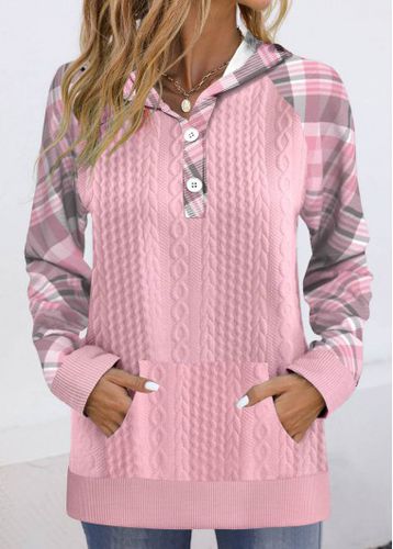 Pink Button Plaid Long Sleeve Hoodie - unsigned - Modalova