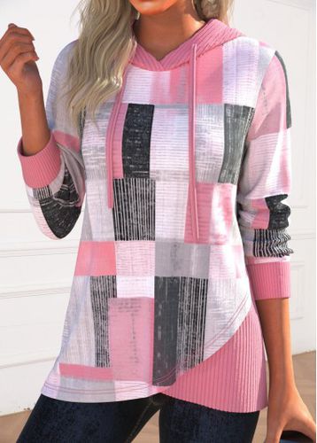 Pink Cross Hem Geometric Print Belted Long Sleeve Jacket - unsigned - Modalova