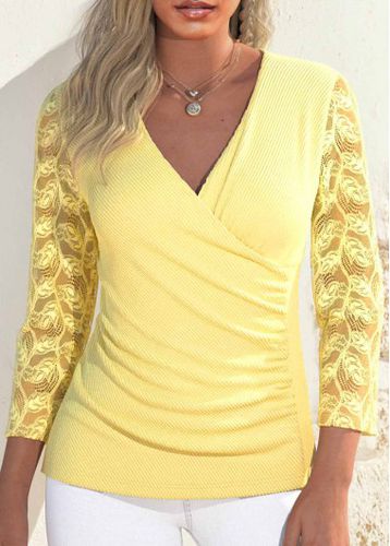 Light Yellow Lace Long Sleeve V Neck T Shirt - unsigned - Modalova