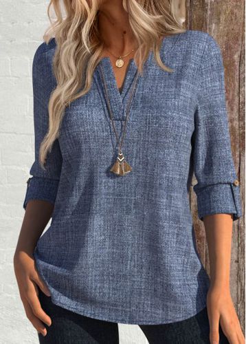 Denim Blue Button Long Sleeve Split Neck Blouse - unsigned - Modalova