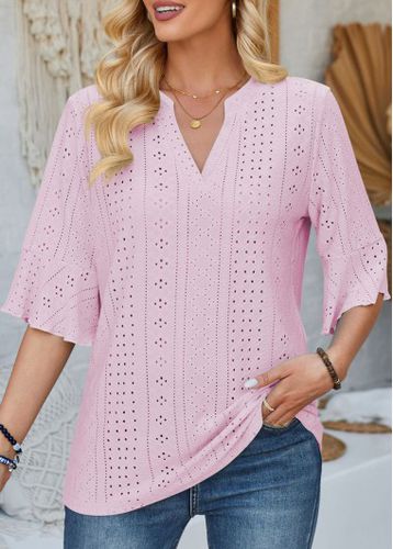 Pink Jacquard Half Sleeve Split Neck T Shirt - unsigned - Modalova