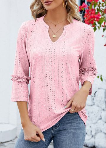 Pink Patchwork 3/4 Sleeve Split Neck T Shirt - unsigned - Modalova