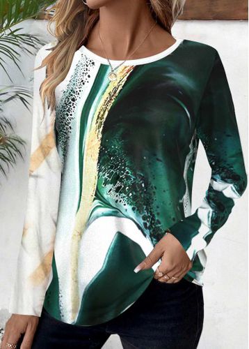 Green Patchwork Marble Print Long Sleeve T Shirt - unsigned - Modalova