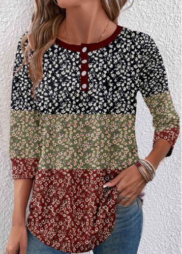 Multi Color Button Ditsy Floral Print T Shirt - unsigned - Modalova