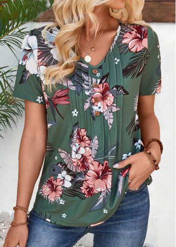 Green Tuck Stitch Random Floral Print T Shirt - unsigned - Modalova