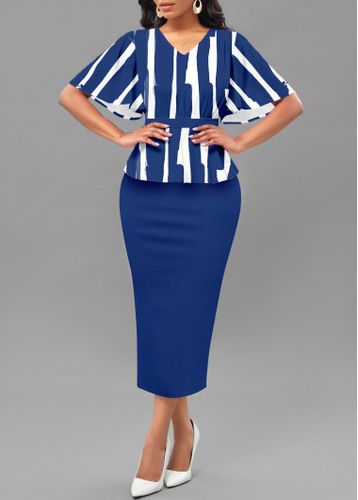 Blue Patchwork Striped Short Sleeve V Neck Bodycon Dress - unsigned - Modalova