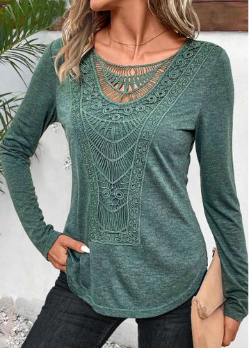 Sage Green Lace Long Sleeve Round Neck T Shirt - unsigned - Modalova