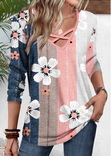 Multi Color Patchwork Floral Print Long Sleeve T Shirt - unsigned - Modalova