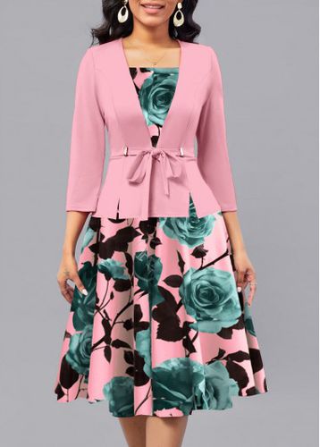 Pink Patchwork Floral Print 3/4 Sleeve Square Neck Dress - unsigned - Modalova