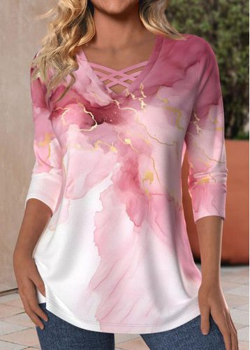 Pink Criss Cross Marble Print Long Sleeve T Shirt - unsigned - Modalova