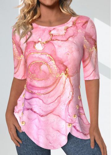 Pink Split Marble Print Half Sleeve T Shirt - unsigned - Modalova
