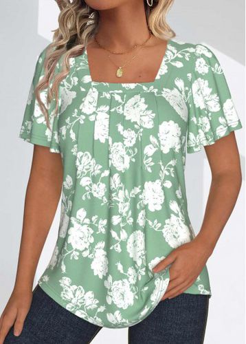 Sage Green Tuck Stitch Floral Print T Shirt - unsigned - Modalova