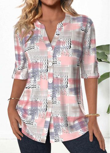 Light Pink Button Geometric Print 3/4 Sleeve Blouse - unsigned - Modalova