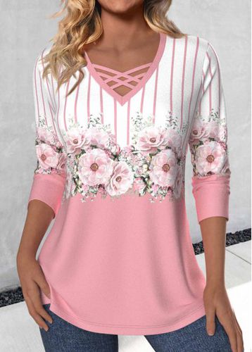 Pink Criss Cross Floral Print Long Sleeve T Shirt - unsigned - Modalova