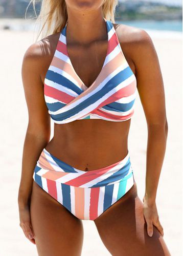 Criss Cross Striped Multi Color Bikini Set - unsigned - Modalova
