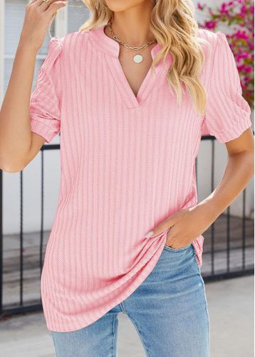 Light Pink Jacquard Short Sleeve Split Neck T Shirt - unsigned - Modalova