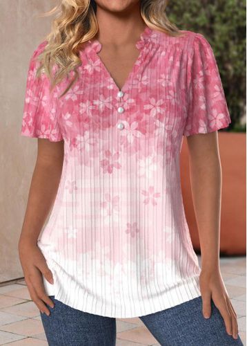 Pink Button Floral Print Short Sleeve Split Neck Blouse - unsigned - Modalova